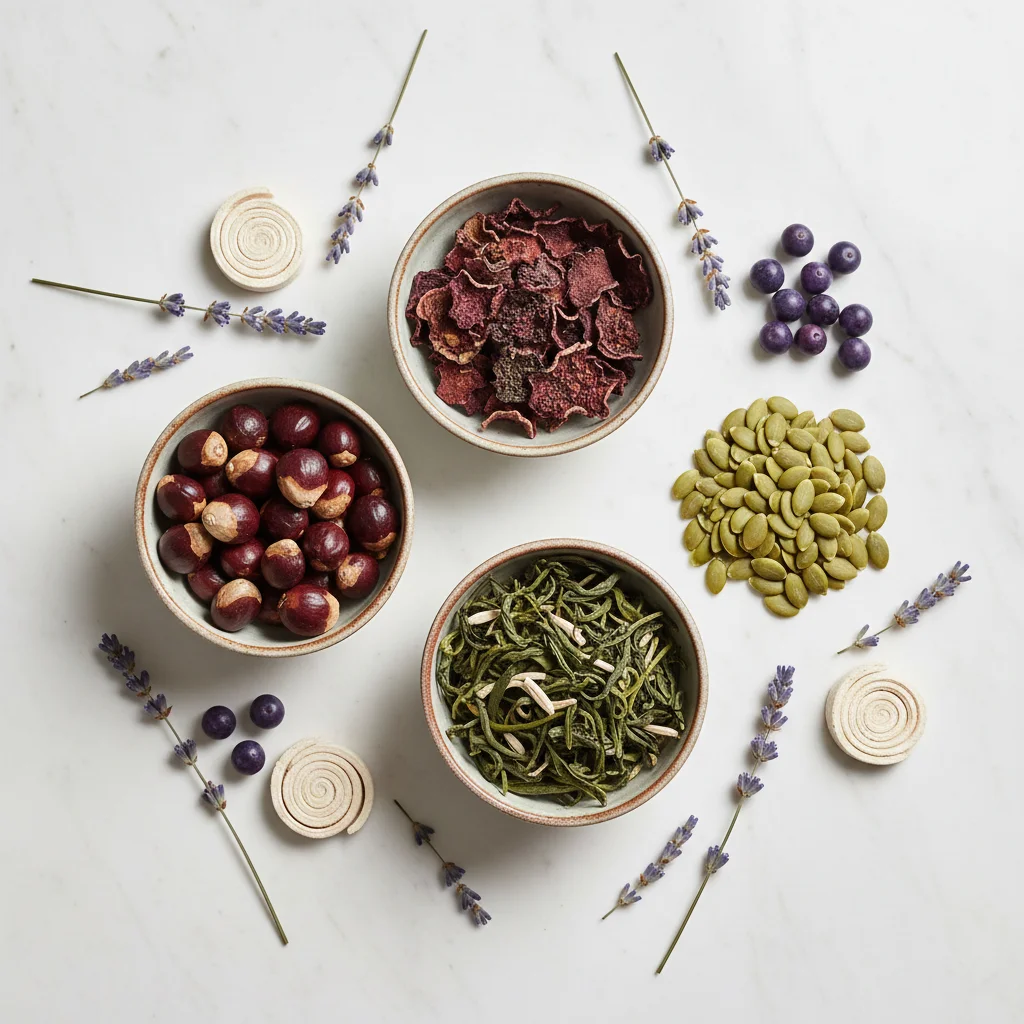 Guarana seeds and dried botanicals in ceramic bowls - plant extract supplement for energy and metabolism